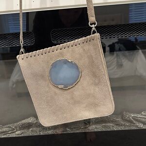 Elegant Beige Suede Bag with Blue Accent